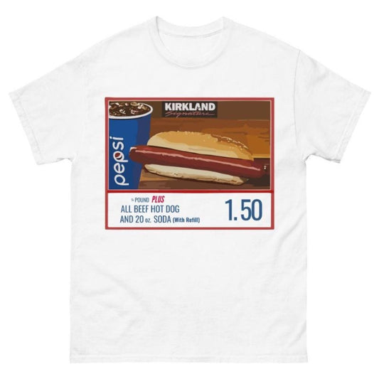 Costco Hot Dog Shirt – Funny Kirkland Parody Graphic Tee | $1.50 Meme T-Shirt | Dark Humor Gift for Him or Her