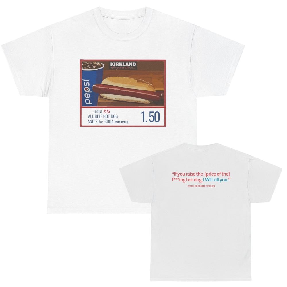 Costco Hot Dog Shirt front and back view – Kirkland Signature $1.50 parody graphic tee on white background