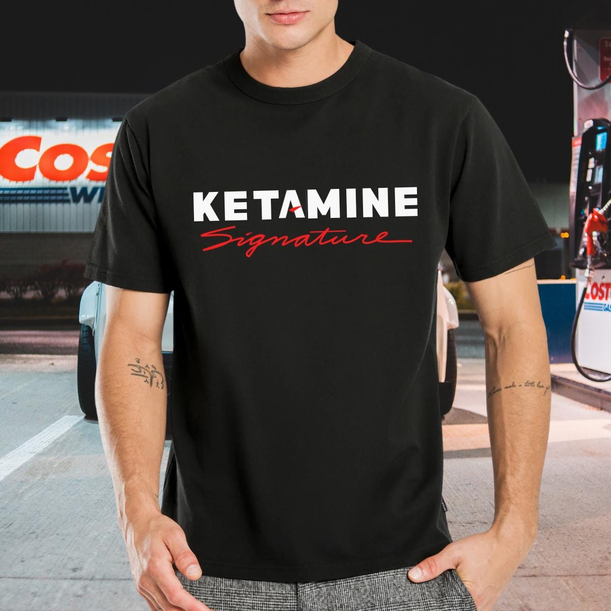 Ketamine Signature black t-shirt with white text and red signature script - funny Kirkland parody meme tee front view
