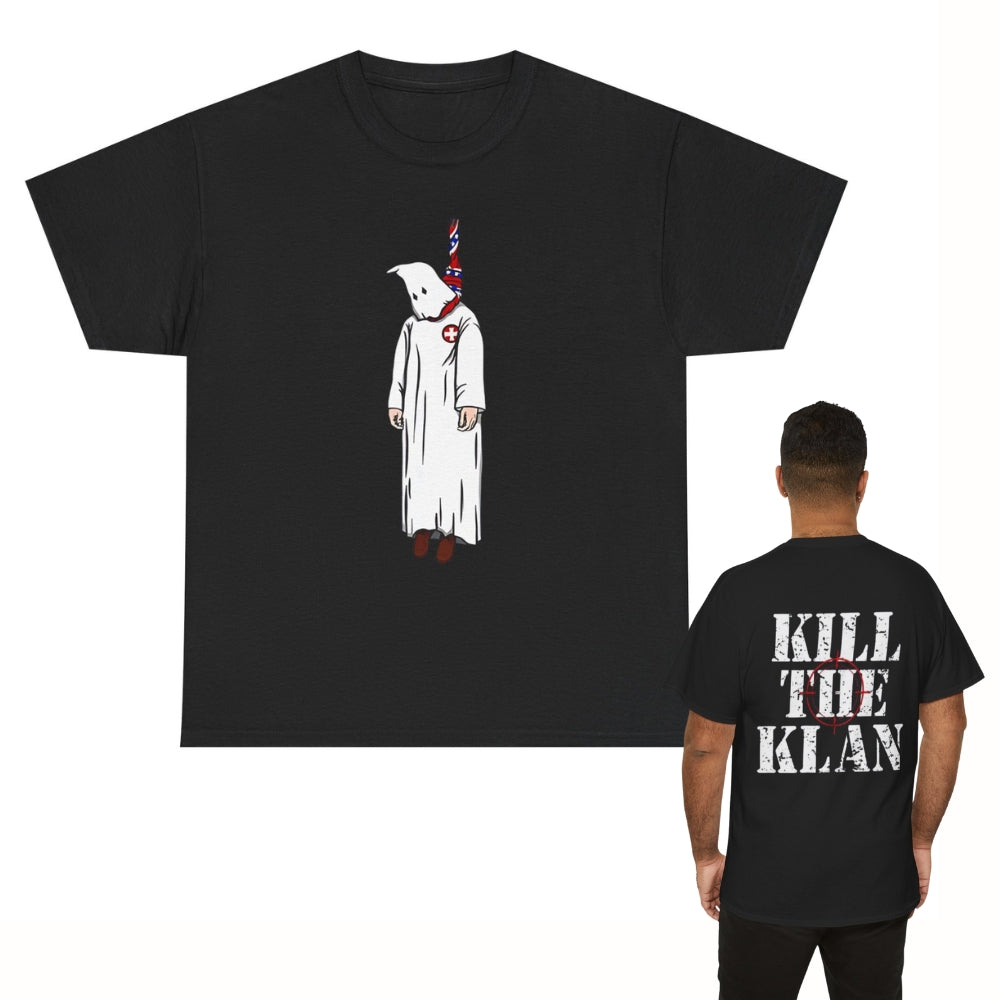 Black t-shirt with a graphic of a figure in a white robe and red shoes, and 'Kill the Klan' text on the back.