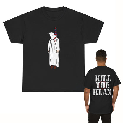 Black t-shirt with a graphic of a figure in a white robe and red shoes, and 'Kill the Klan' text on the back.
