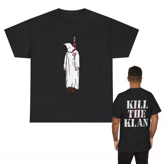 Black t-shirt with a graphic of a figure in a white robe and red shoes, and 'Kill the Klan' text on the back.