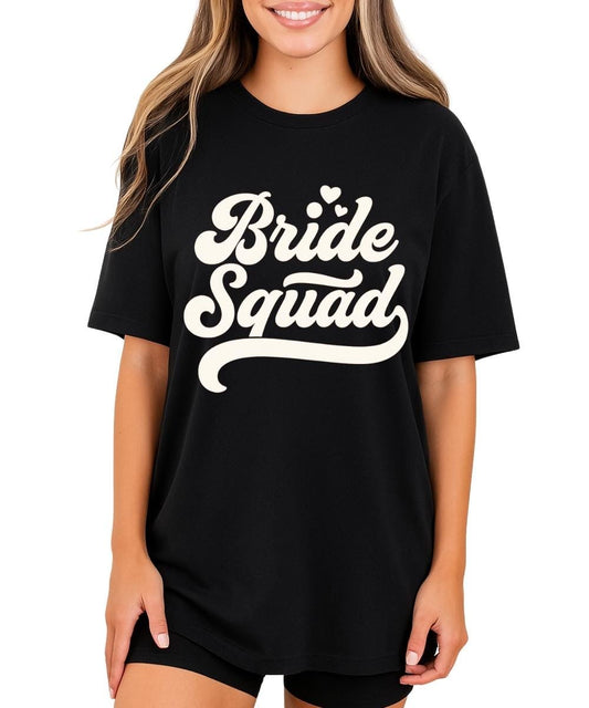 Black bride squad shirt with retro script white lettering and small hearts bachelorette party tee

