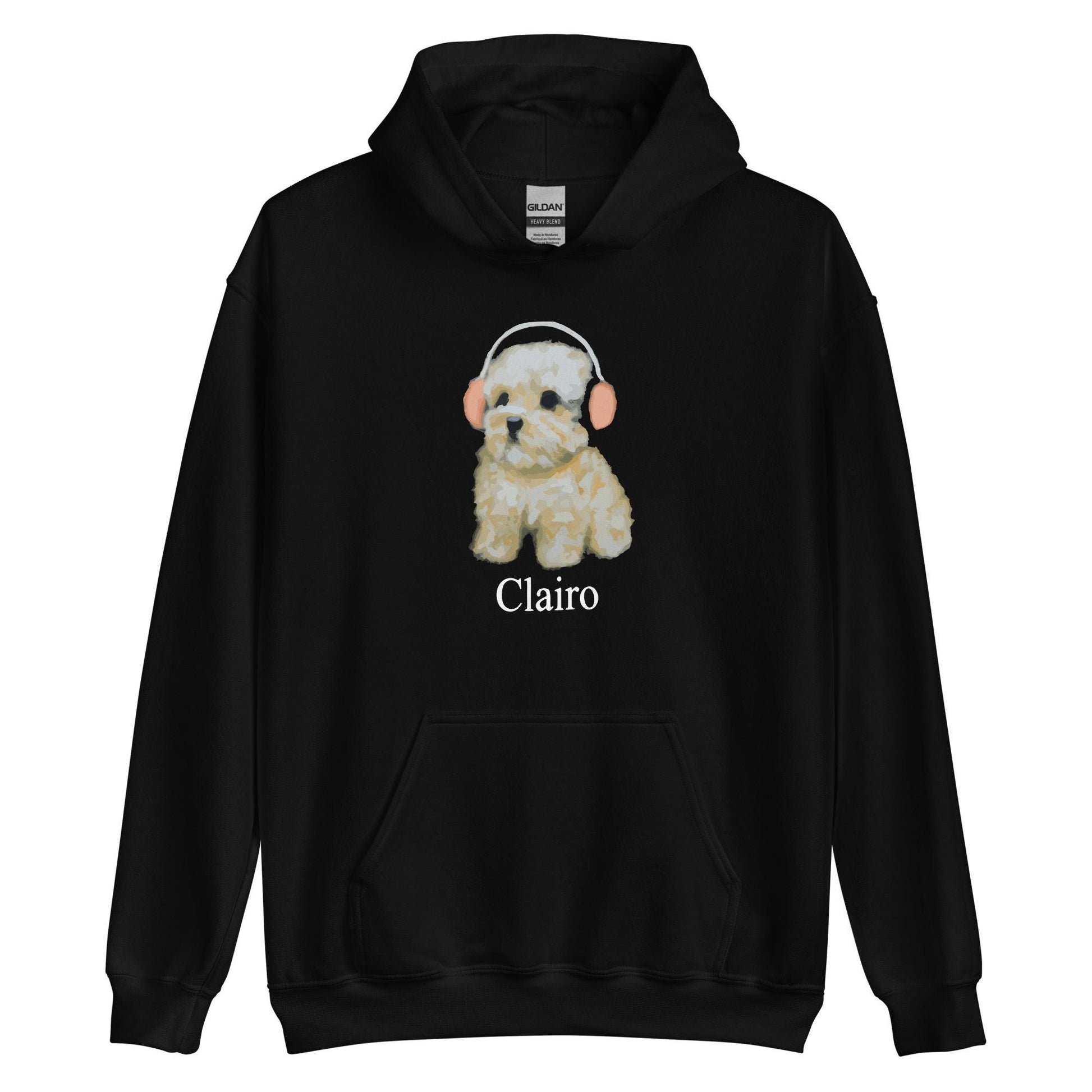Black pullover hoodie with a fluffy puppy wearing headphones and the text “Clairo” underneath.