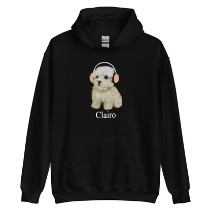 Black pullover hoodie with a fluffy puppy wearing headphones and the text “Clairo” underneath.