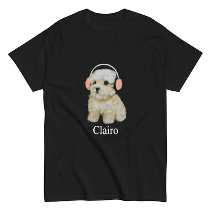 Black t-shirt with a fluffy dog wearing headphones and the word “Clairo” underneath