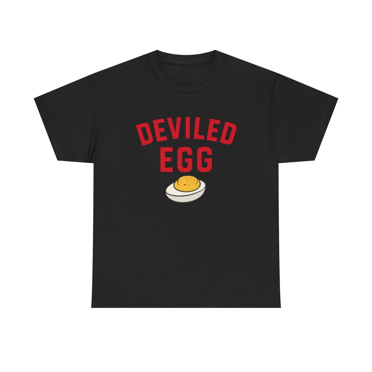 Black deviled egg graphic t-shirt with red “DEVILED EGG” text and a deviled egg illustration.