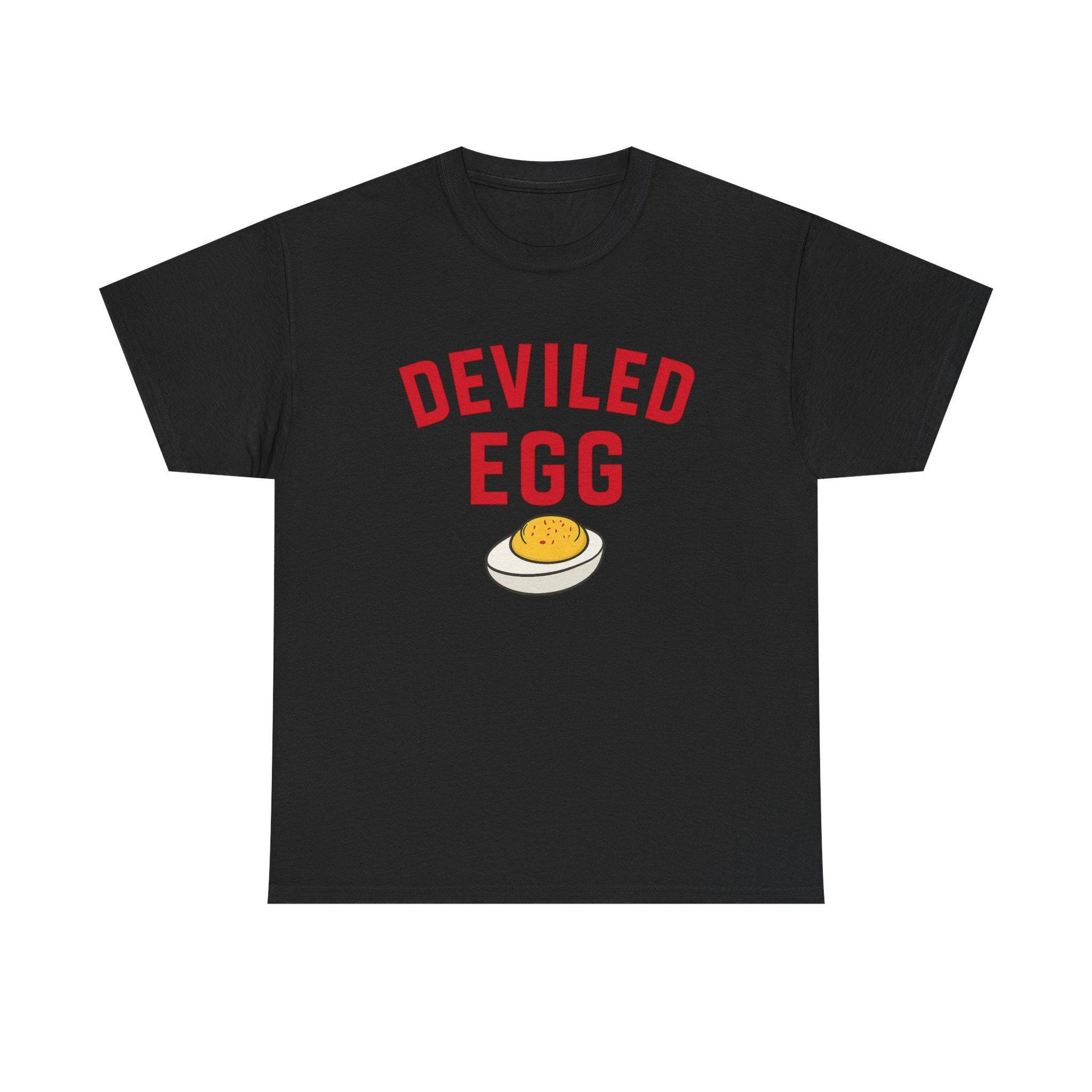 Black deviled egg graphic t-shirt with red “DEVILED EGG” text and a deviled egg illustration.