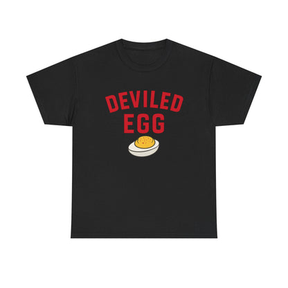Black deviled egg graphic t-shirt with red “DEVILED EGG” text and a deviled egg illustration.