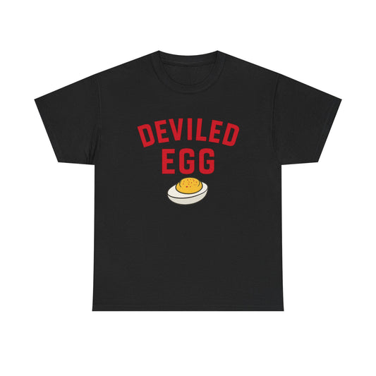 Black deviled egg graphic t-shirt with red “DEVILED EGG” text and a deviled egg illustration.