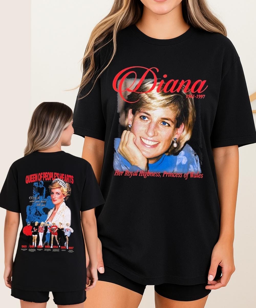 Diana Princess vintage Shirt with portrait graphic on front and tribute design on back on a black t-shirt