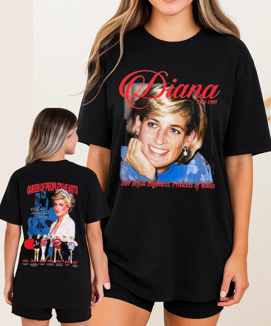 Diana Princess vintage Shirt with portrait graphic on front and tribute design on back on a black t-shirt