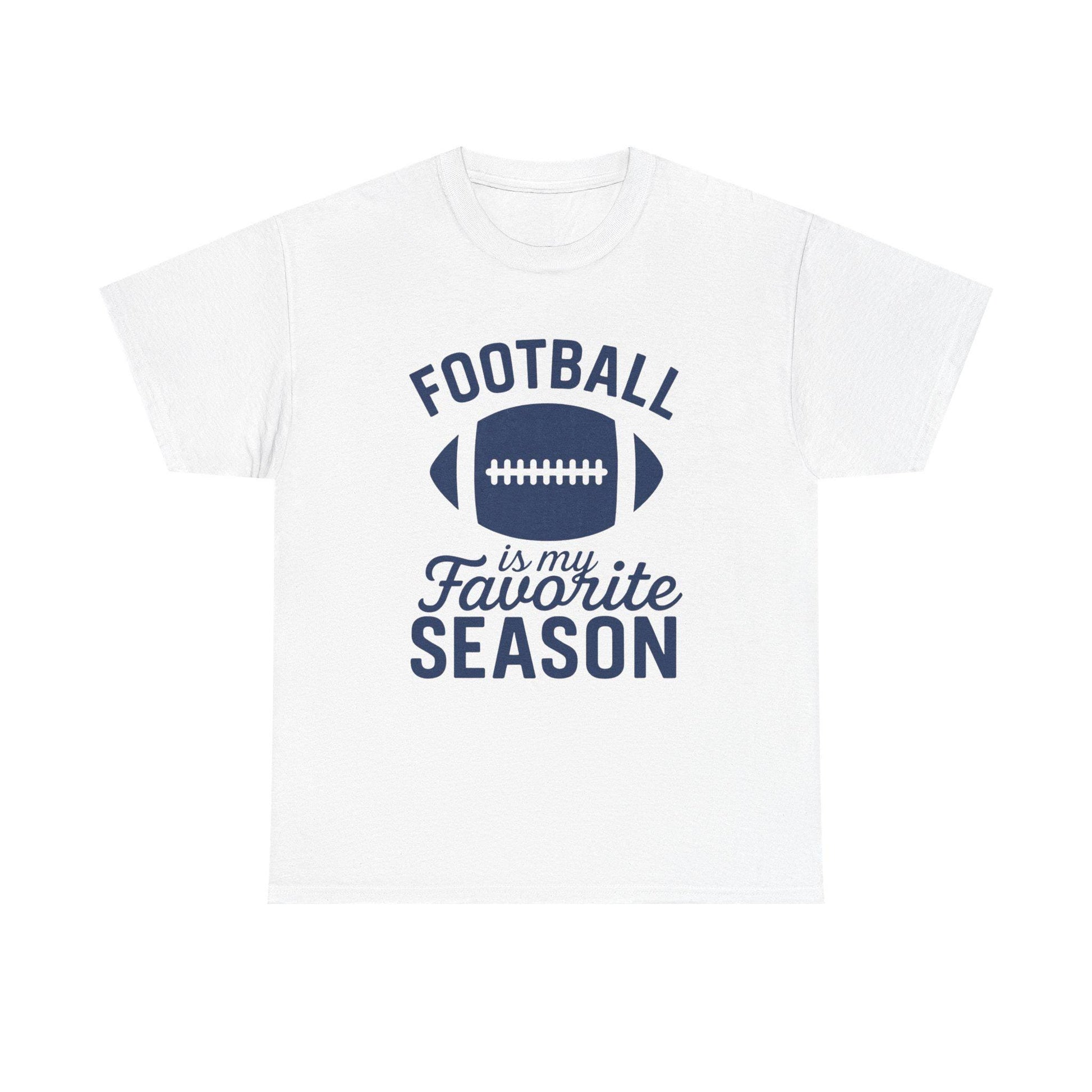 Football Is My Favorite Season shirt with football graphic and navy text on a white t-shirt