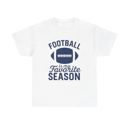 Football Is My Favorite Season shirt with football graphic and navy text on a white t-shirt