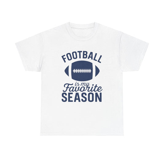 Football Is My Favorite Season shirt with football graphic and navy text on a white t-shirt