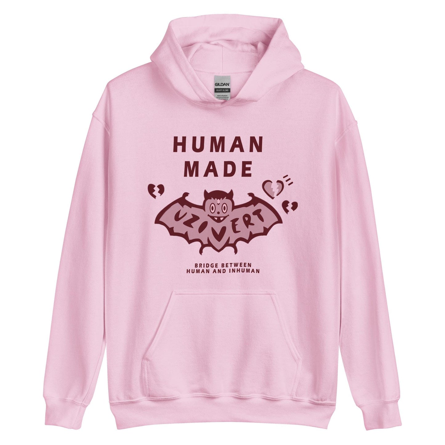Human MADE Lil Uzi pink hoodie with bat graphic design - front view unisex streetwear sweatshirt