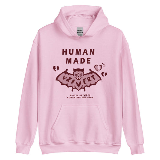 Human MADE Lil Uzi pink hoodie with bat graphic design - front view unisex streetwear sweatshirt