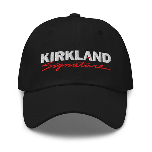 Kirkland Signature Hat black dad cap with embroidered white Kirkland text and red Signature script