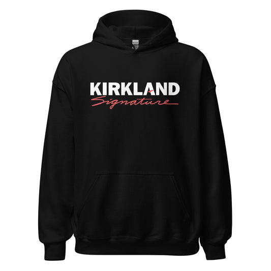 Kirkland Signature Hoodie black pullover with bold white Kirkland text and red Signature script on front