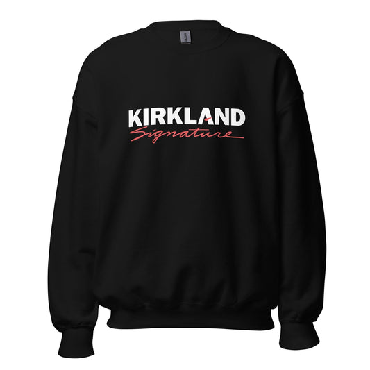 Kirkland Signature Sweatshirt black crewneck with bold white Kirkland text and red Signature script on front