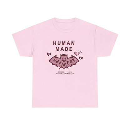 Lil Uzi Vert Shirt – light pink graphic tee with Human Made bat design, broken hearts, and Bridge Between Human and Inhuman text