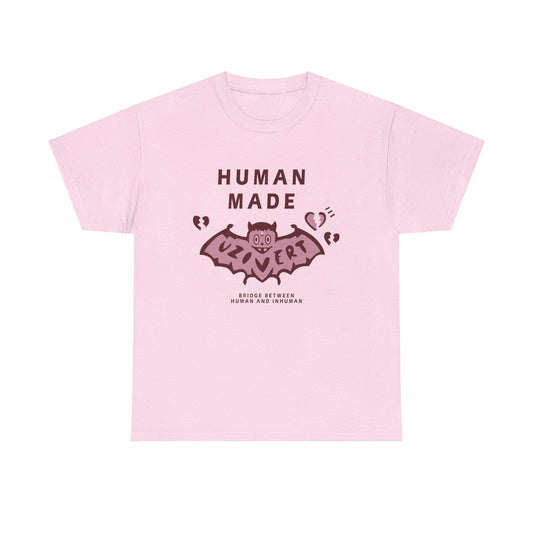 Lil Uzi Vert Shirt – light pink graphic tee with Human Made bat design, broken hearts, and Bridge Between Human and Inhuman text