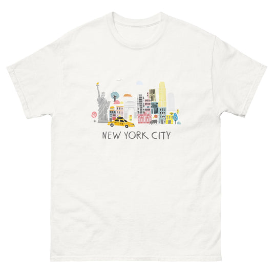 New York City Shirt – white graphic tee with cute illustrated NYC skyline featuring Statue of Liberty, yellow taxis and colorful Manhattan buildings