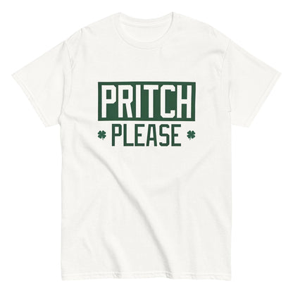 White t-shirt with “PRITCH PLEASE” printed in bold green block letters