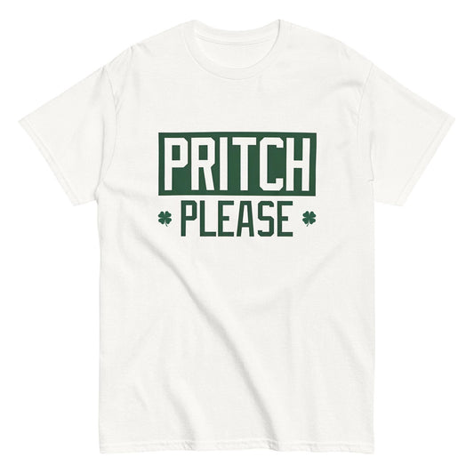 White t-shirt with “PRITCH PLEASE” printed in bold green block letters